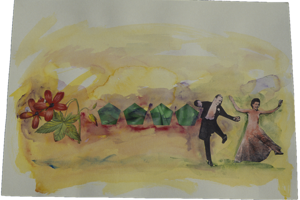 FLORES, PENTAGONOS Y FRED ASTAIRE<br>1992, 70x50cm<br>Téctina mixta s/papel<br>Colección Jean Rey (Francia)