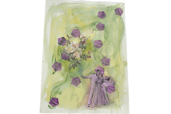 FLORES, PENTAGONOS Y FRED ASTAIRE<br>1992, 70x50cm<br>Téctina mixta s/papel<br>Colección Isabel Sala de Rodés (Barcelona)