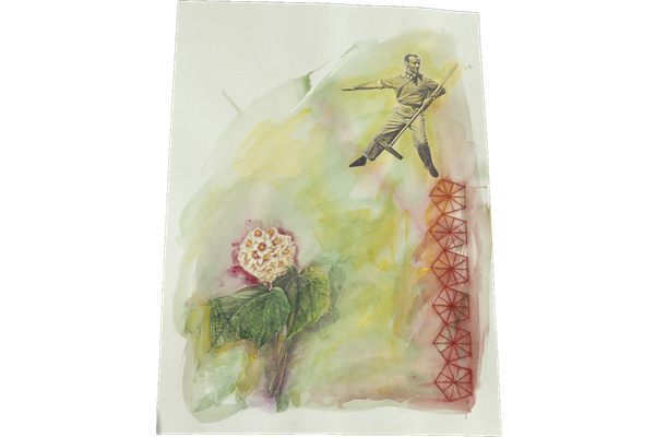 FLORES, PENTAGONOS Y FRED ASTAIRE<br>1992, 70x50cm<br>Téctina mixta s/papel<br>Colección Ramón y Dorley Roca (Barcelona)
