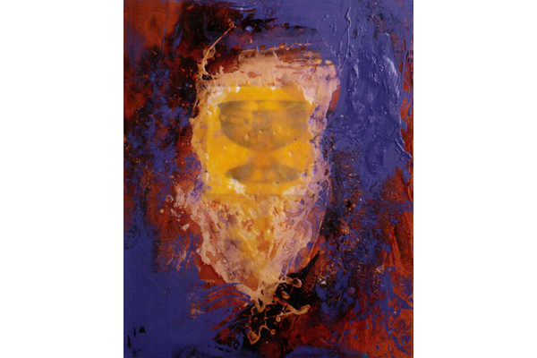 THE HOLY GRAIL I<br>1999, 70x58cm<br>collage y técnica mixta s/madera<br>Col. Javier y Marta Villavecchia